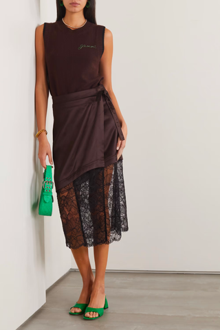 Sheer Trend 2023| GANNI Stretch-Recycled Satin and Corded Lace Wrap Skirt