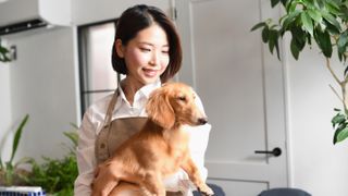 Dog at the groomers being held by smiling young woman