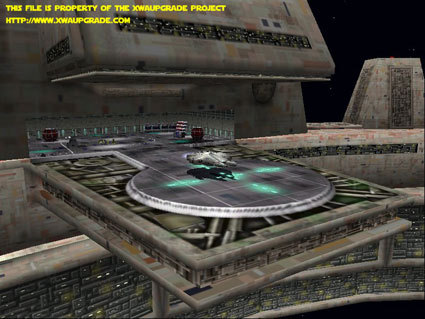 The upgraded Azzameen landing pad and hanger for X-Wing Alliance from the X-Wing Alliance Upgrade Project.
