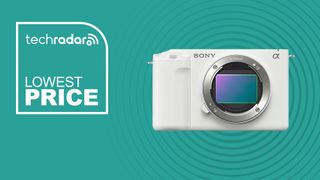 The white Sony ZV-E1 camera body on a teal TechRadar deals background with the words Lowest Price