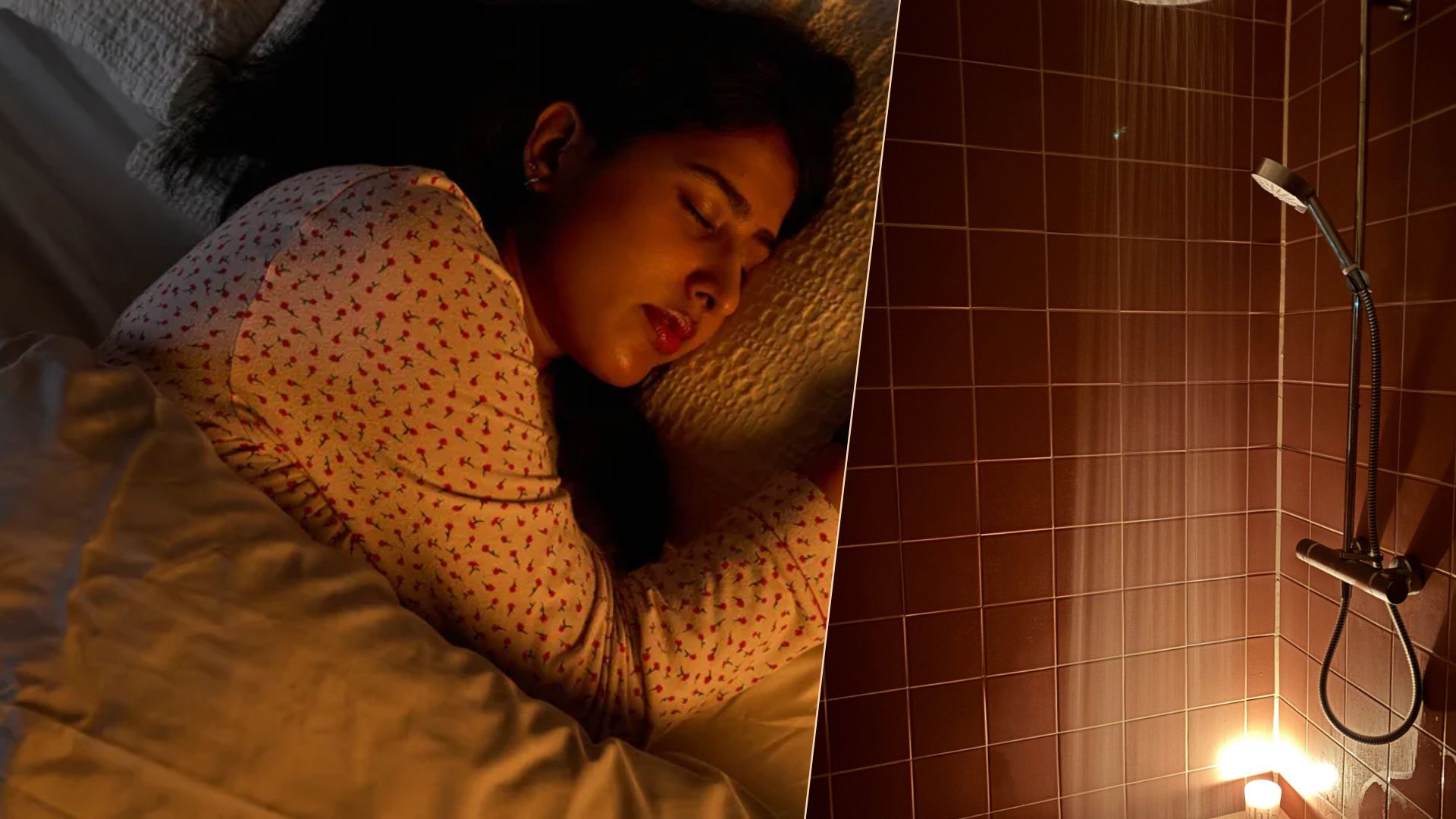 The composite image shows a dark haired woman sleeping peacefully on the left, while the image on the right shows water cascading from a shower head in a dimly lit bathroom