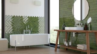 A bathroom with soft green tiles to illustrate the color trends 2023