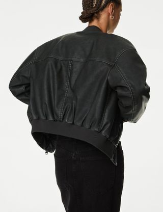 Faux Leather Aged Bomber Jacket