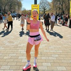 ally running a london marathon wearing pink activewear
