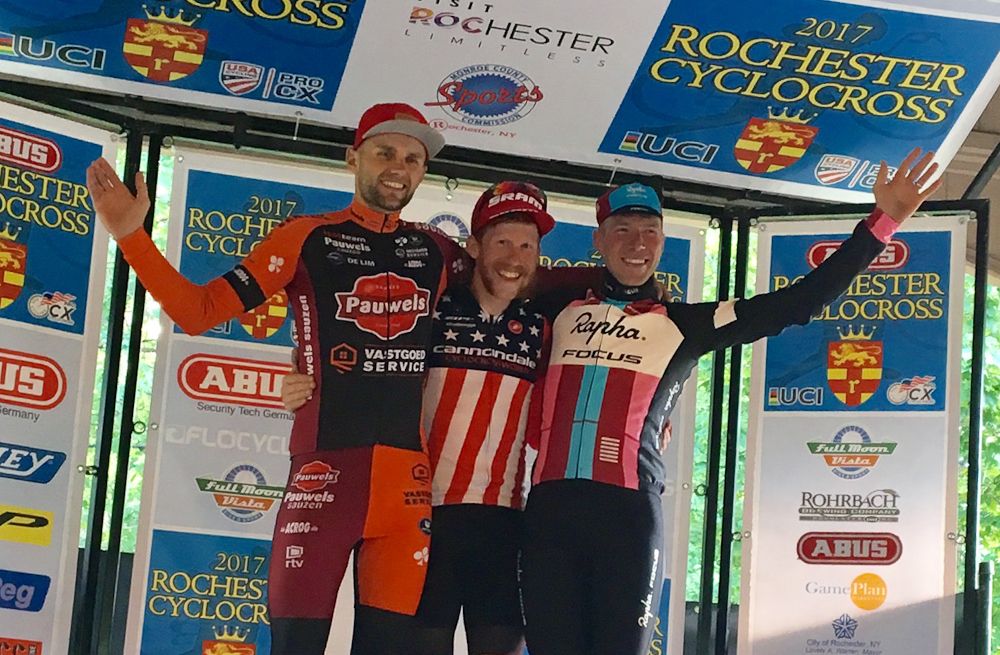 Rob Peeters, Stephen Hyde and Jeremy Powers on the Rochester Cyclocross podium
