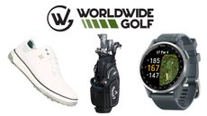The Worldwide Golf logo and a golf shoe, full Callaway set and Garmin GPS watch