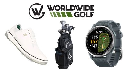 The Worldwide Golf logo and a golf shoe, full Callaway set and Garmin GPS watch