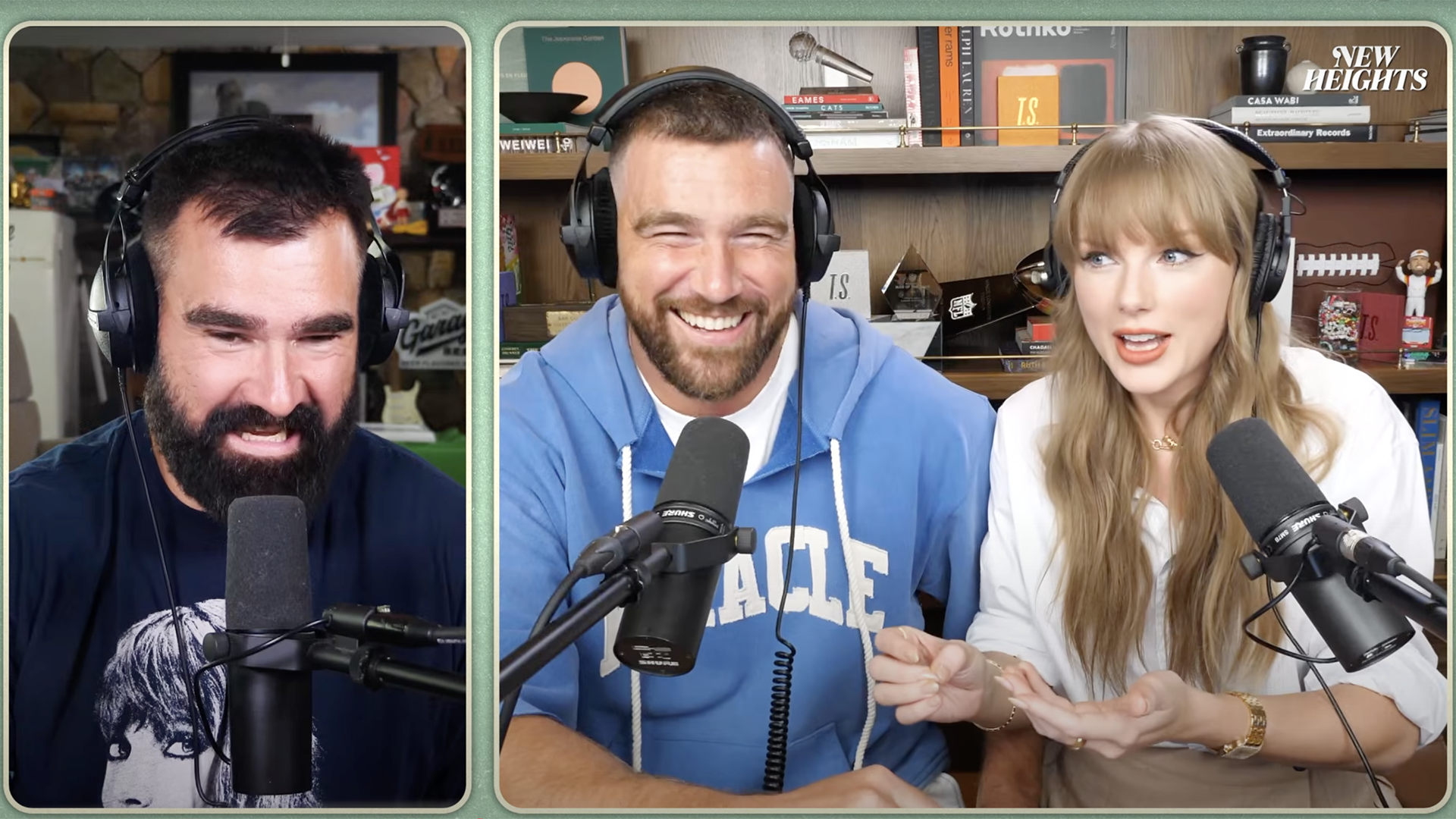 Jason Kelce, Travis Kelce, and Taylor Swift on the Kelce Brothers&#039; New Heights podcast.