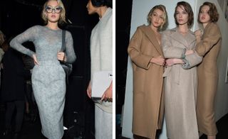 two portrait images side by side, the left image is a female model wearing a grey dress, the right image is three female models wearing camel coloured coats