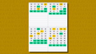 Quordle daily sequence answers for game 778 on a yellow background