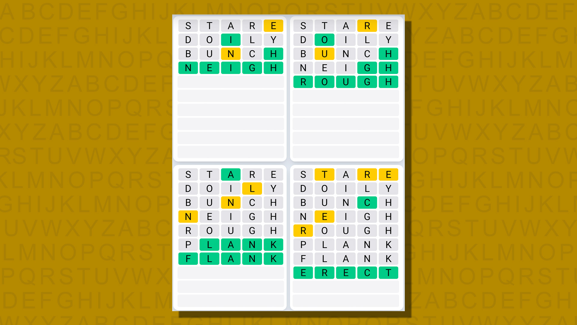 Quordle daily sequence answers for game 778 on a yellow background