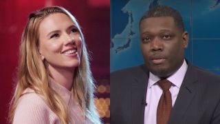 Scarlett Johansson pictured smiling on the SNL set, next to Michael Che sitting at the Weekend Update news desk.