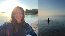Susan Griffin after morning swim standing on the edge of the sea