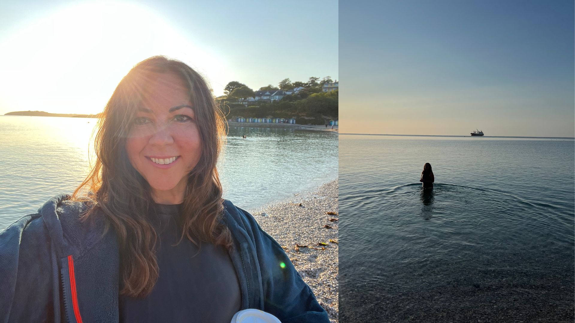 Susan Griffin after morning swim standing on the edge of the sea