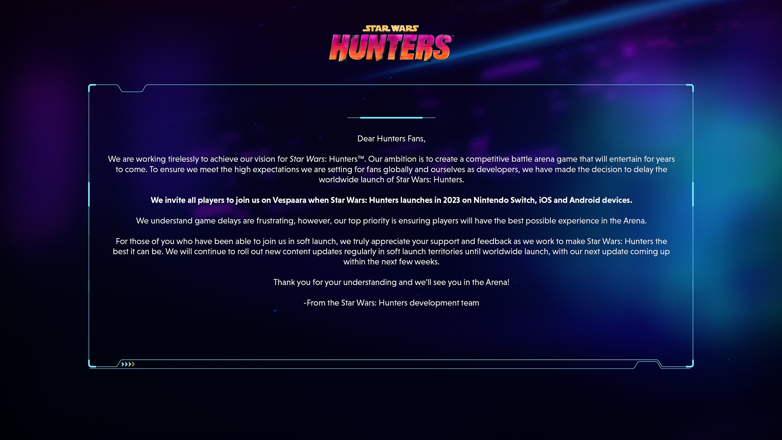 Announcement fromm Zynga on Star Wars: Hunters delay