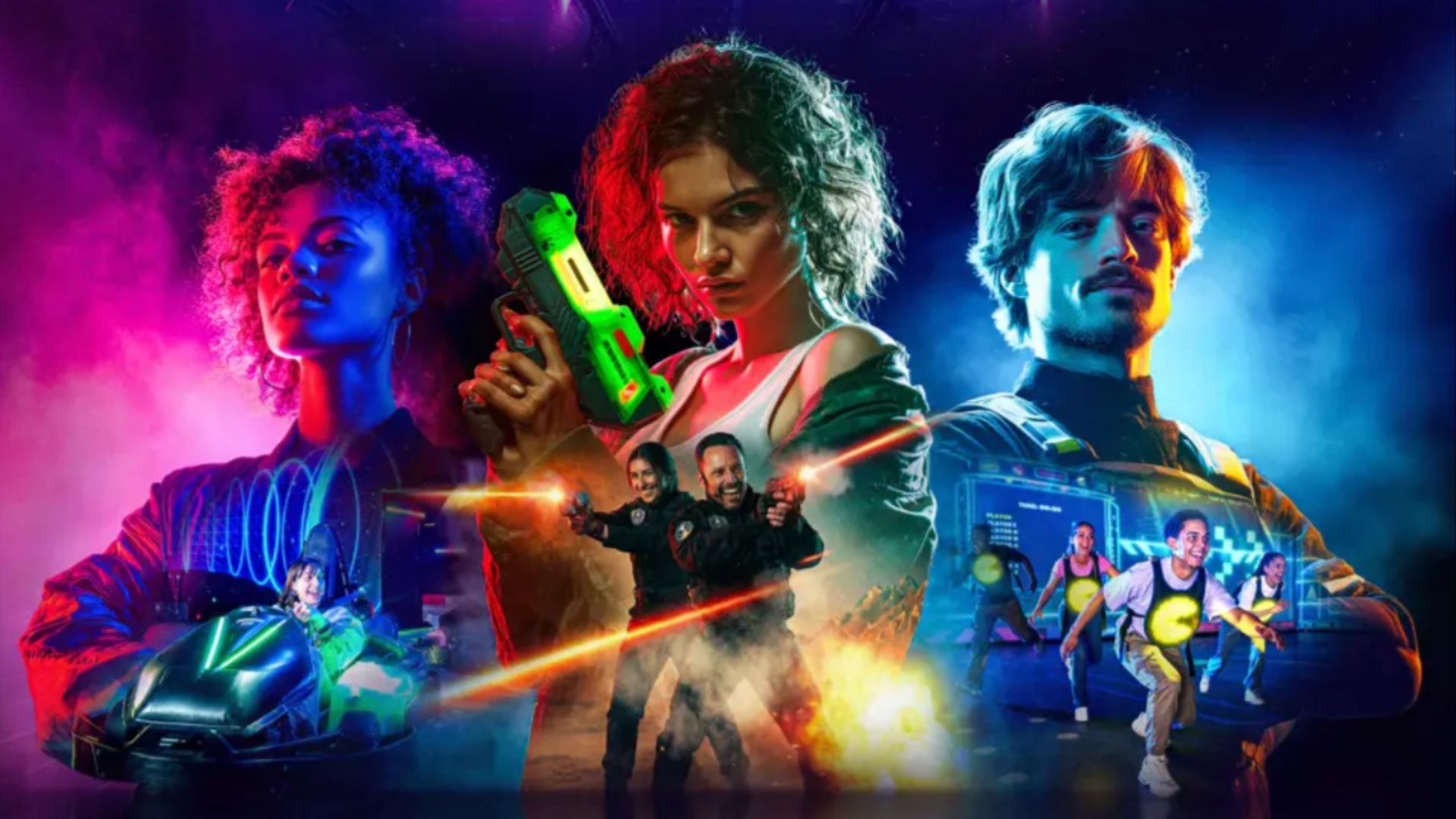 a promotional image showing the three games being played 