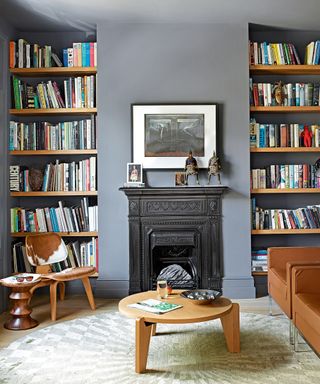 Grey living room with alcove bookshelves