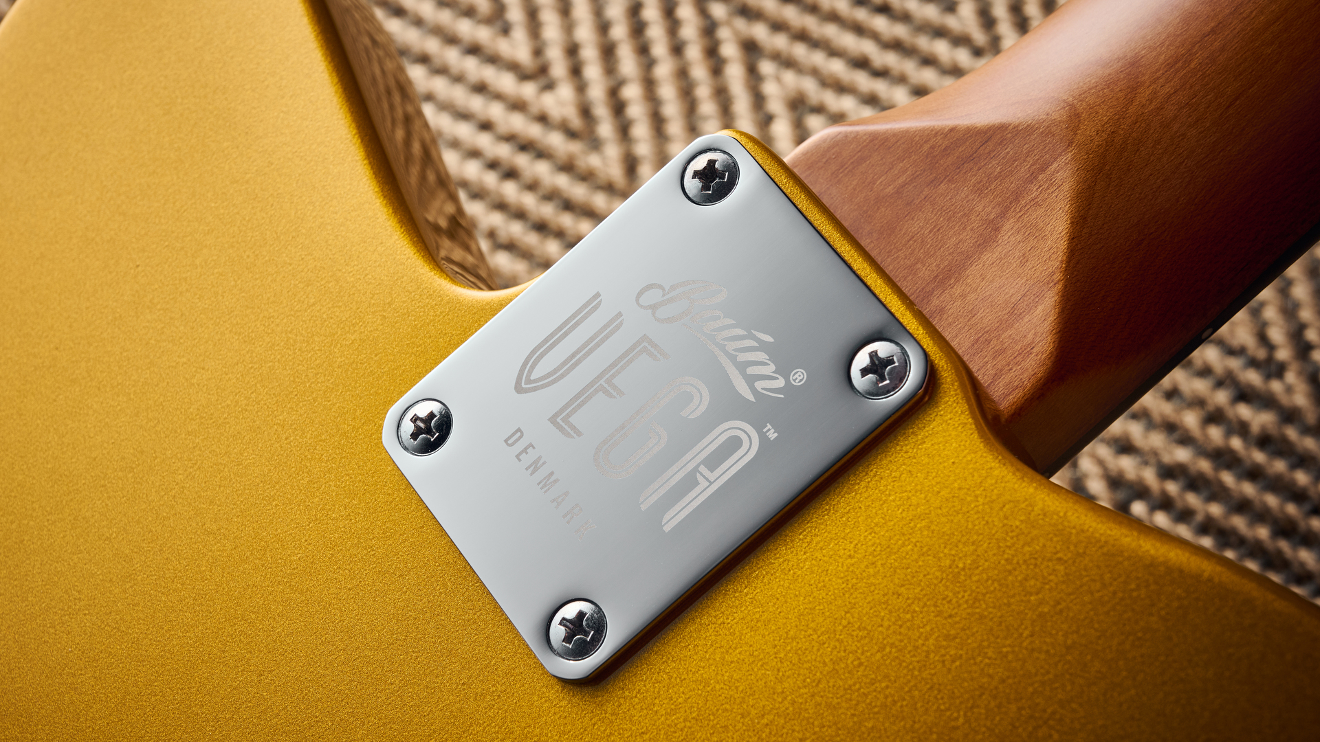 The neck heel and plate on the Baum Guitars Verve electric guitar
