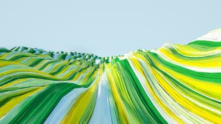An abstract CGI render of green, yellow, and white lines in the rough shape of fields to represent sustainability tech. A pale blue sky is visible above the virtual fields.