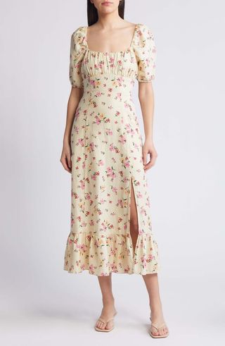 Floral Puff Sleeve Linen Midi Dress