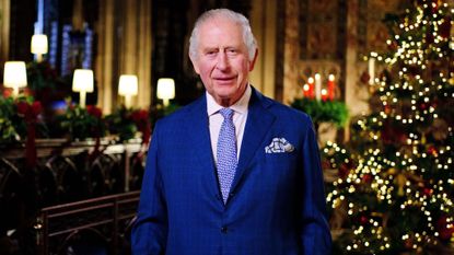 King Charles III is seen during the recording of his first Christmas broadcast in the Quire of St George's Chapel at Windsor Castle, on December 13, 2022