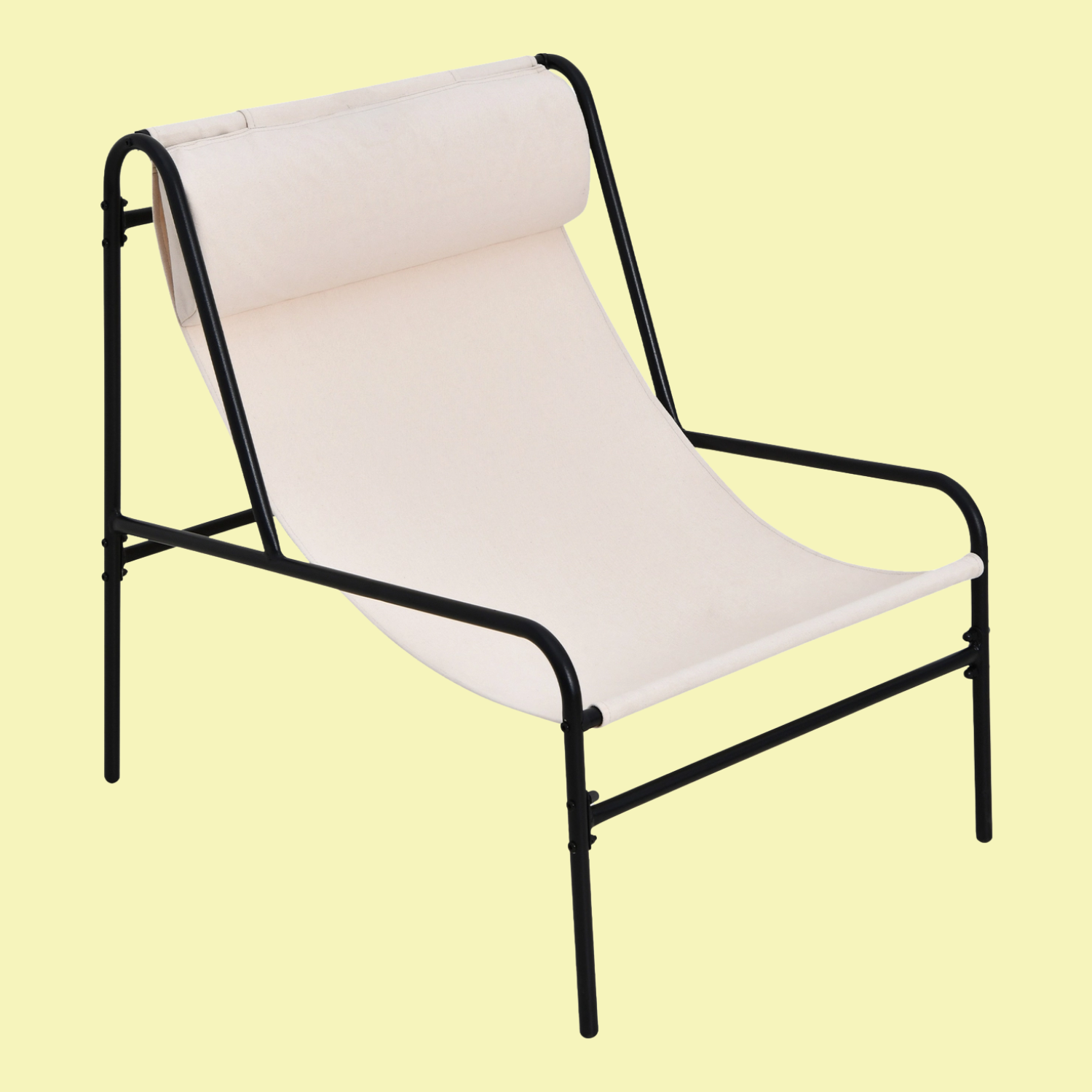 A black metal tubular chair with a beige fabric seat