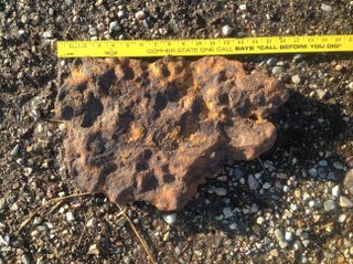 A photo of the meteorite found in Arlington, Minn. recently by Bruce and Nelva Lilienthal shows the iron and nickel space rock, with a partly rusted surface. The stone was buried underground for more than 100 years, scientists think.