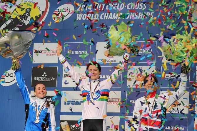 Marianne Vos celebrates 'cross world title number seven, with Eva Lechner in silver and Helen Wyman with bronze