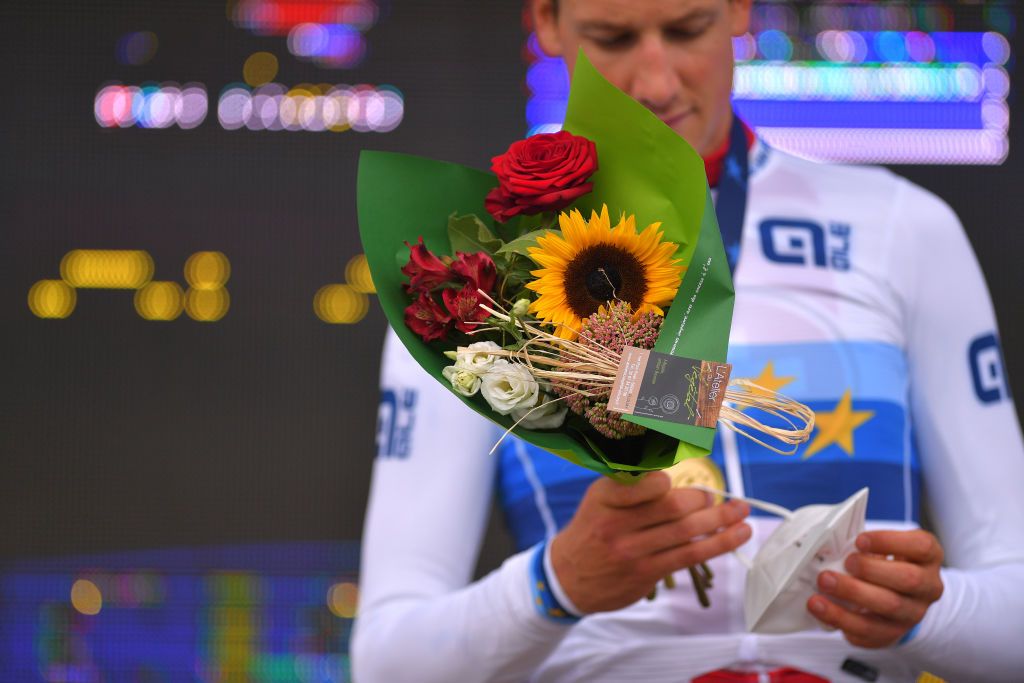 PLOUAY FRANCE AUGUST 24 Podium Stefan Kung of Switzerland Gold Medal European Champion Jersey Celebration during the 26th UEC Road European Championships 2020 Mens Elite Individual Time Trial a 256km race from Plouay to Plouay ITT UECcycling EuroRoad20 on August 24 2020 in Plouay France Photo by Luc ClaessenGetty Images
