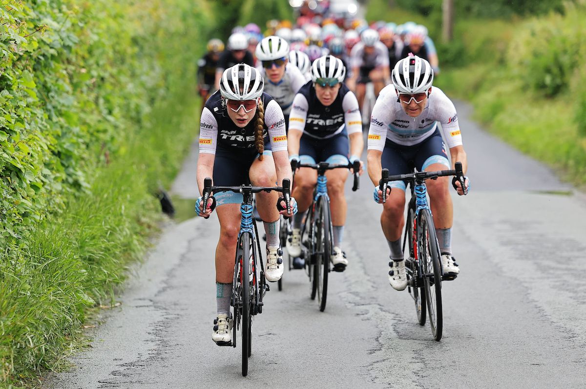 Picture by Alex Whitehead/SWpix.com - 09/06/2022 - Cycling - The Women&acirc;s Tour 2022 - Stage Four - Wrexham to Welshpool, Wales - Team Trek Segafredo leading the Peloton