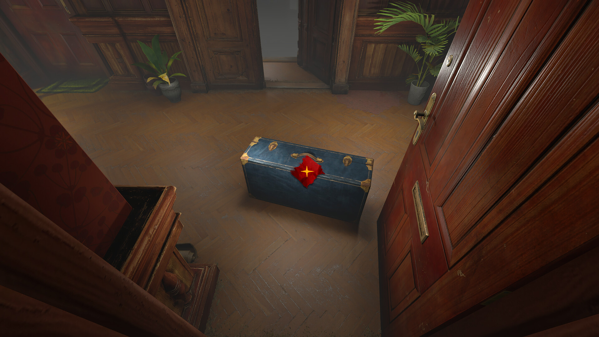first person view of suitcase in hallway