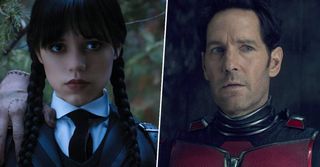 Jenna Ortega as Wednesday Addams in Wednesday/Paul Rudd as Scott Lang in Ant-Man and the Wasp: Quantumania
