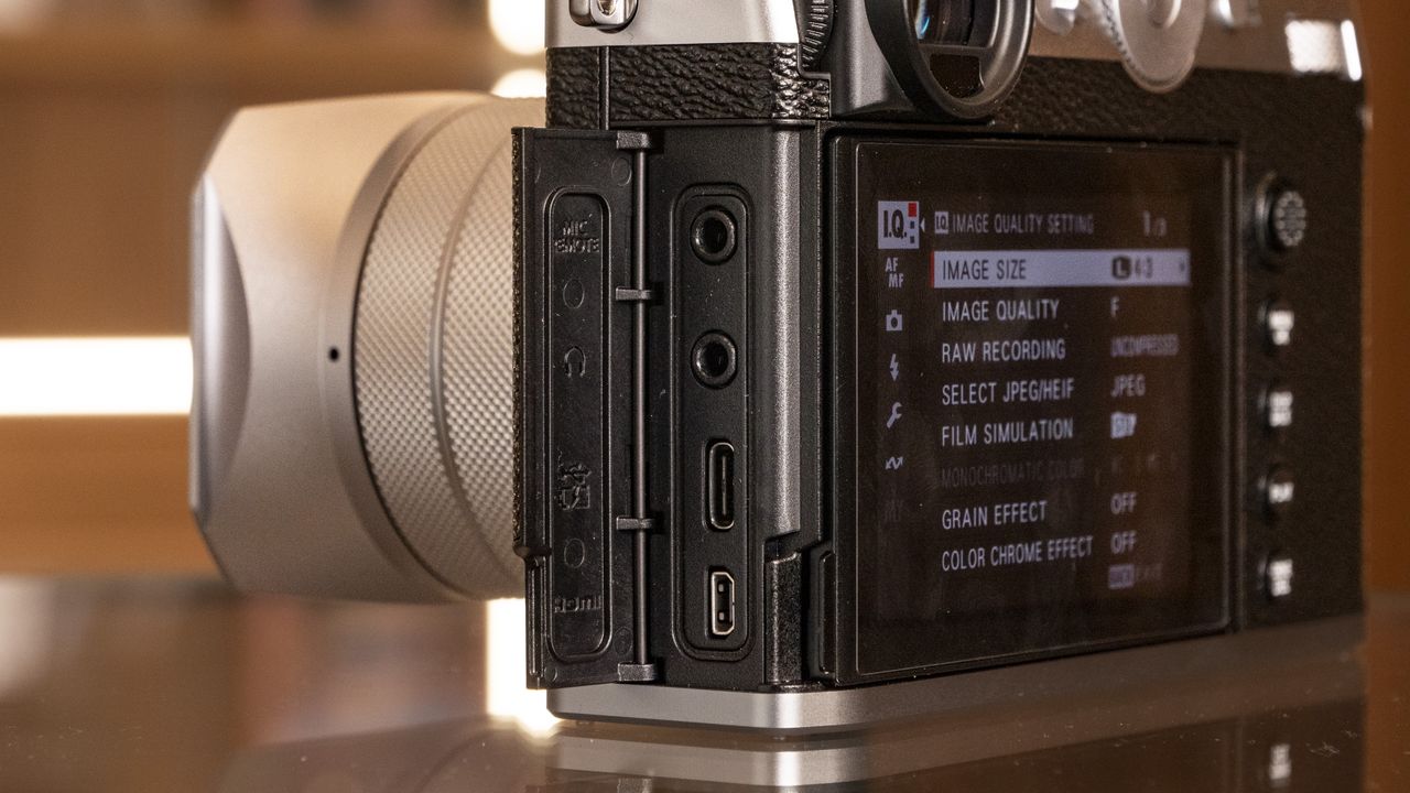 Close up of the Fujifilm GFX100 RF medium-format compact camera's connection ports