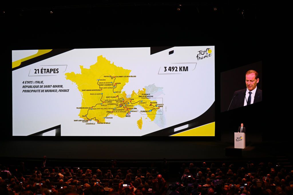 PARIS FRANCE OCTOBER 25 Christian Prudhomme of France Director of Le Tour de France presents the official route during the 111th Tour de France 2024 3rd Tour de France Femmes 2024 Route Presentation UCIWT UCIWWT on October 25 2023 in Paris France Photo by Dario BelingheriGetty Images