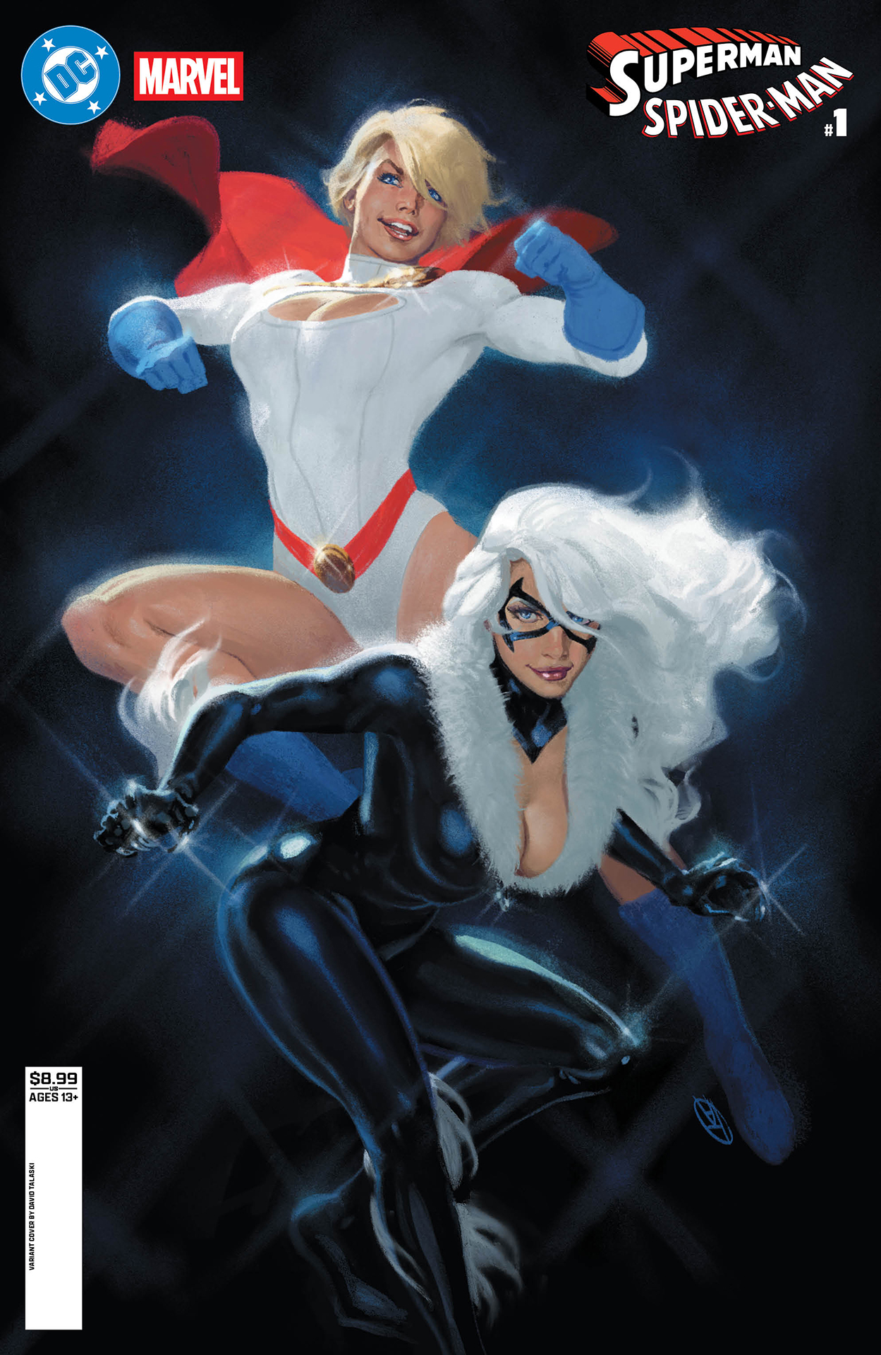 Power Girl and Black Cat leaping into action by David Talaski