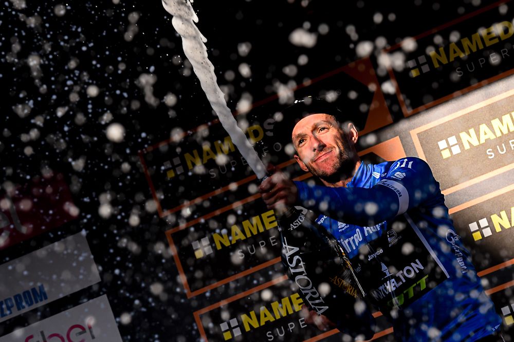 Adam Yates celebrates his race lead after stage 3 at Tirreno-Adriatico