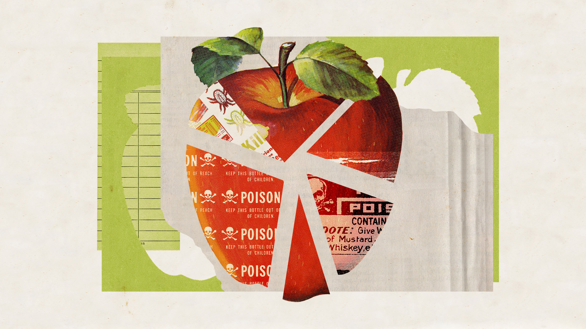 Illustrative collage of an apple, cut into slices overlaid with various poison labels