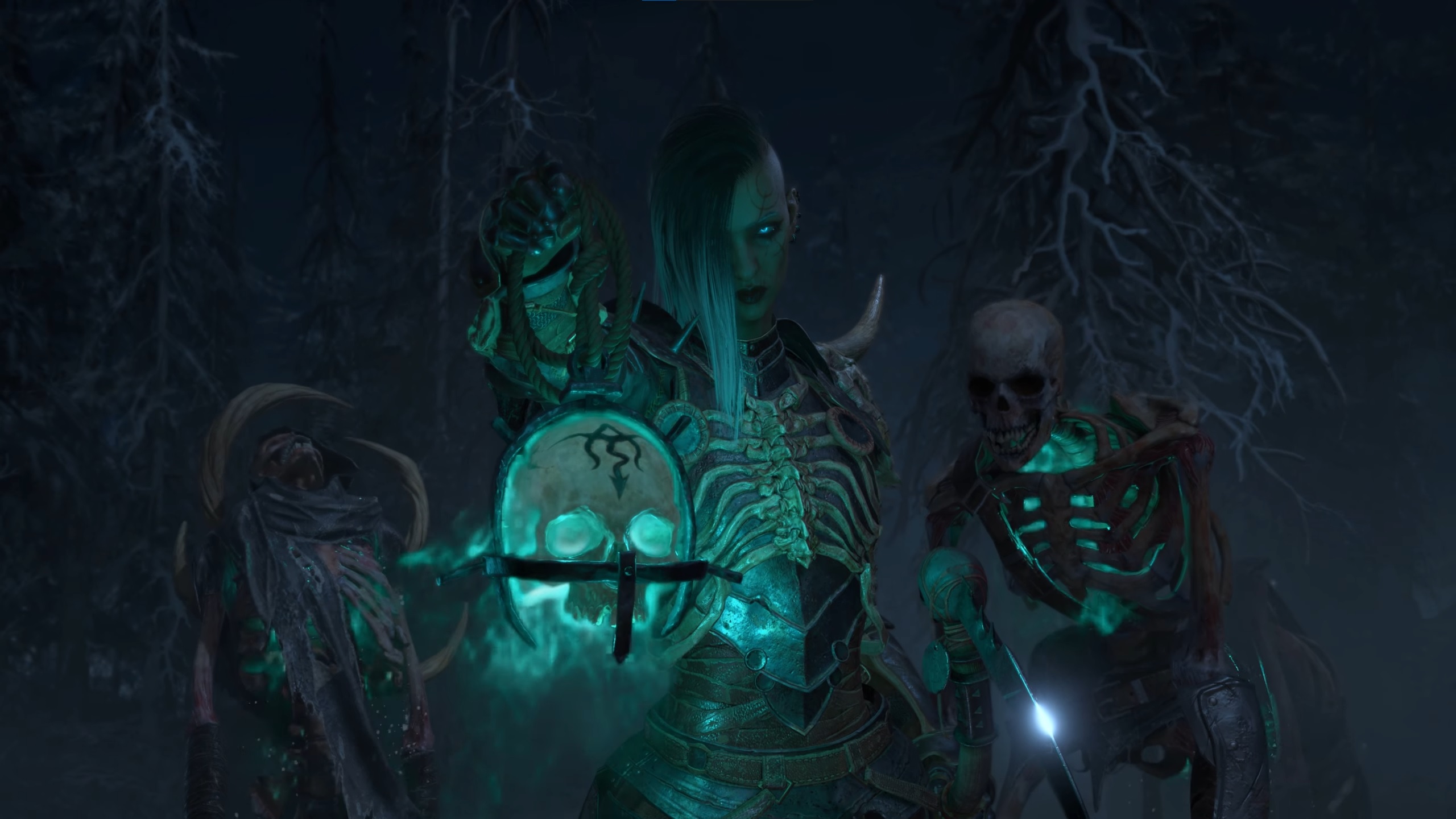 Diablo 4 cinematic - a necromancer holds a glowing green skull lantern while skeletons rise behind them