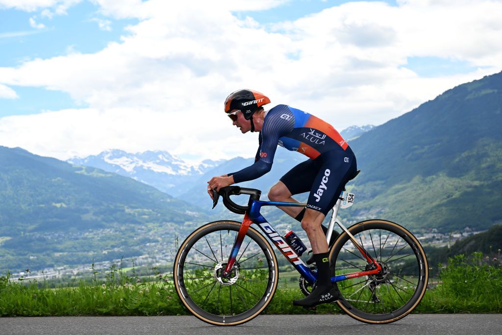 VILLARSSUROLLON SWITZERLAND JUNE 16 Felix Engelhardt of Germany and Team Jayco AlUla sprints during the 87th Tour de Suisse 2024 Stage 8 a 157km individual time trial stage from Aigle to VillarssurOllon 1249m UCIWT on June 16 2024 in VillarssurOllon Switzerland Photo by Tim de WaeleGetty Images
