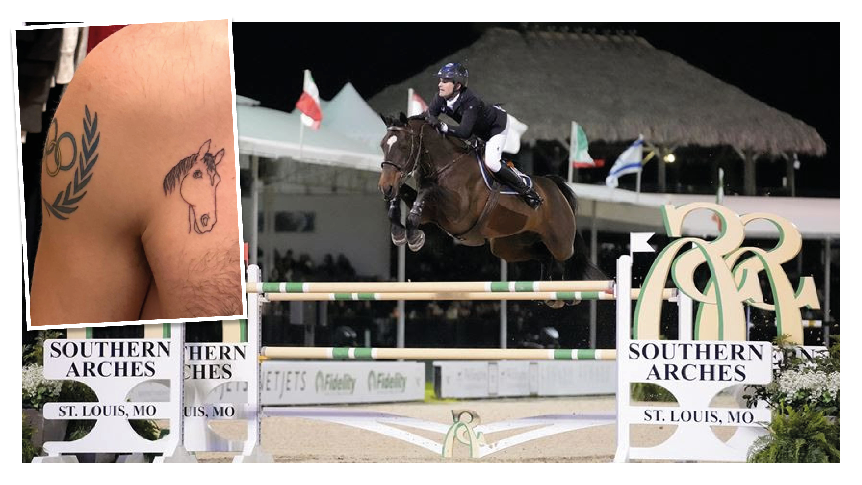 Olympic showjumper Teddy Vlock has a horse tattoo etched on his chest, featuring his 14-year-old stallion Volnay Du Boisville, now ridden by Irish rider Darragh Kenny