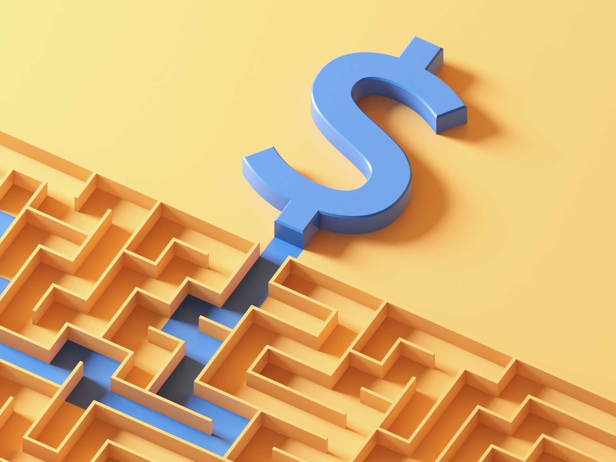 The blue path through the yellow maze leads to the dollar sign. 3d illustration