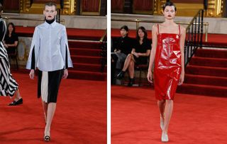 2 Models wearing red leather dress, grey button shirt with black dress