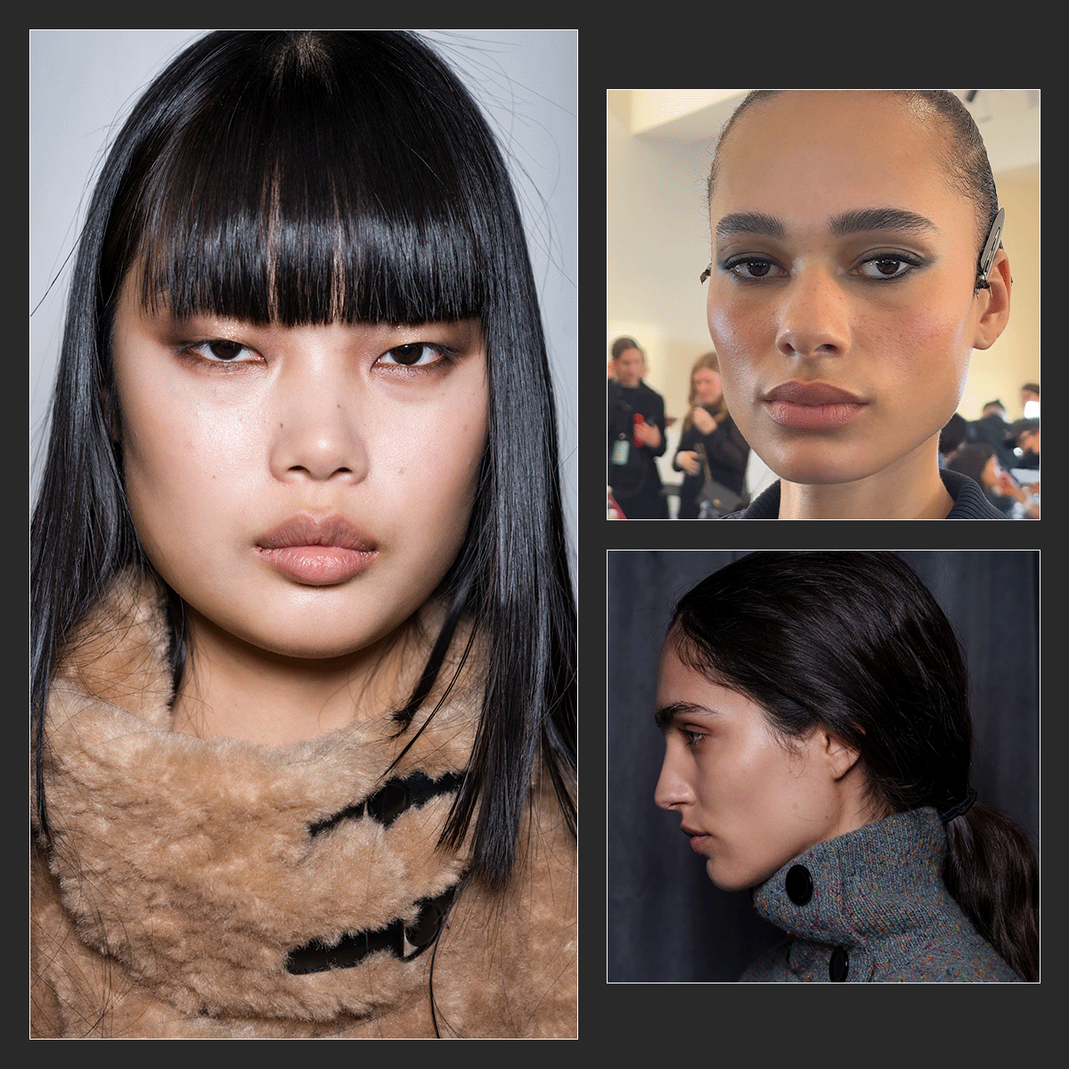 Photo collage of beauty trends at New York Fashion Week F/W 26