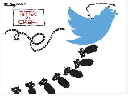 Political cartoon U.S. Donald Trump Twitter bombs