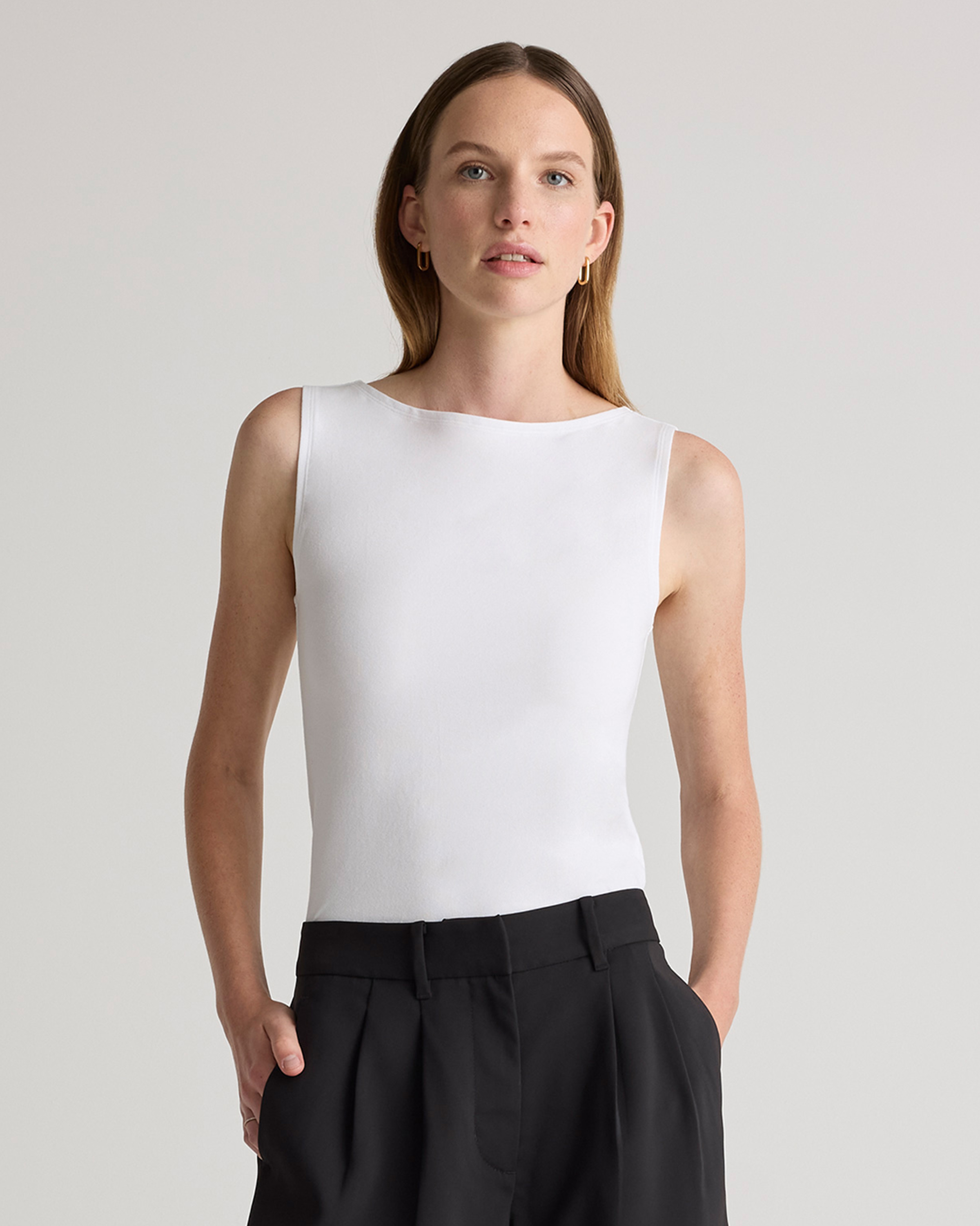 Stretch Cotton Jersey Boat Neck Tank in Black