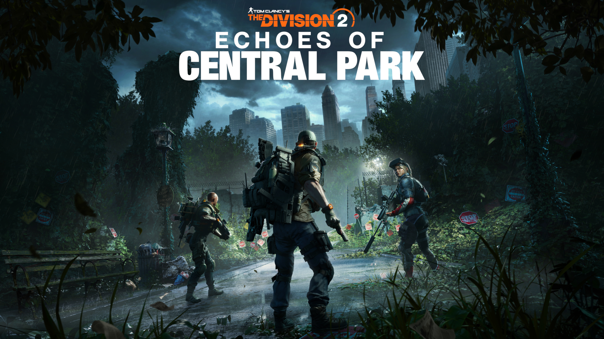 Keyart for The Division 2 Echoes of Central Park DLC expansion showing three agents in a gloomy and spooky Central Park location