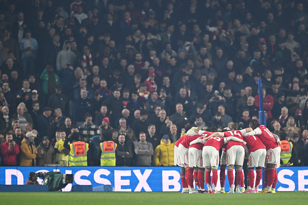 Players of Arsenal huddle prior to the Premier League match between Brighton &amp;amp; Hove Albion and Arsenal at Amex Stadium on March 04, 2026 in Brighton, England.