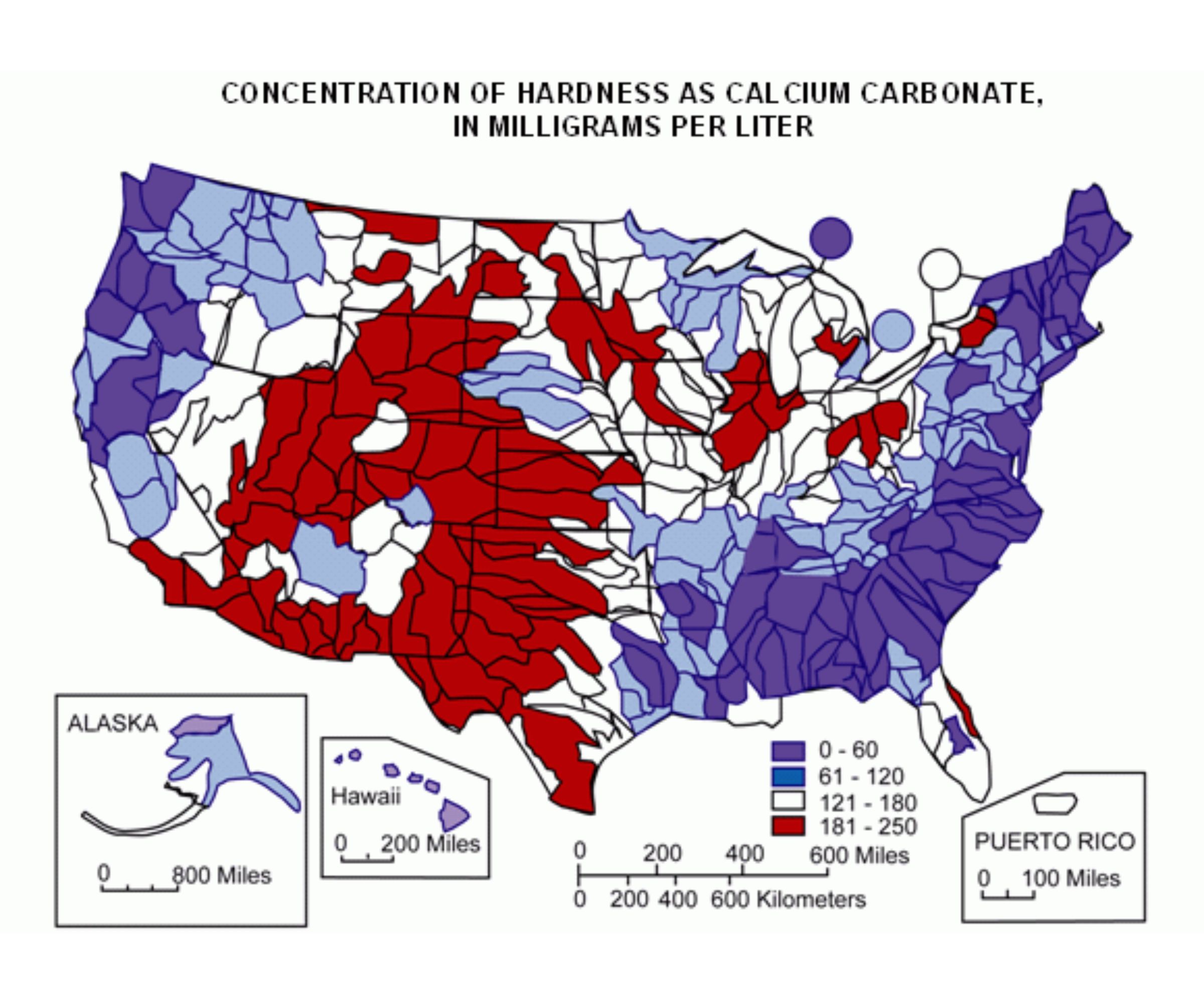 A map of the United States highlighted to show the degrees of water hardness by state.