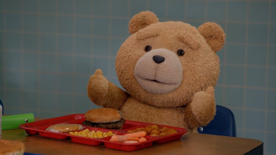 Ted the bear with a lunch trey in Ted