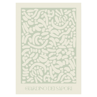 An abstract art print in sage green and beige with an Italian phrase at the bottom